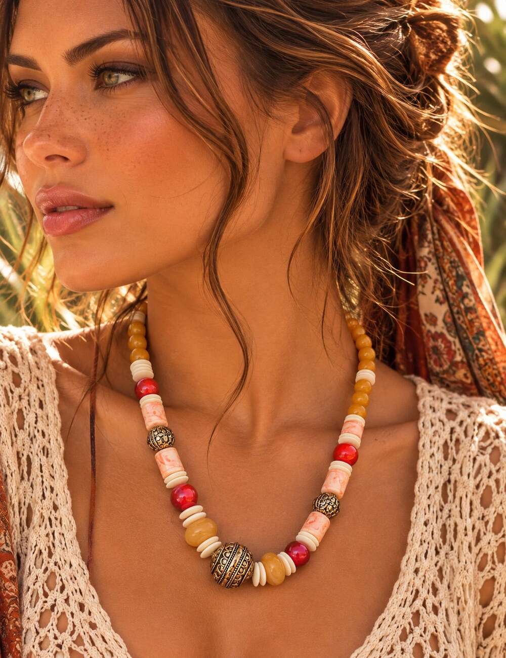 Vintage Boho Tribal Chunky Beaded Statement Necklace Amber Orange Red Gold Tone